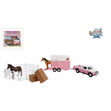 Kids Globe Horses Mitsubishi met paardentrailer en accessoires roze 27cm 520205 